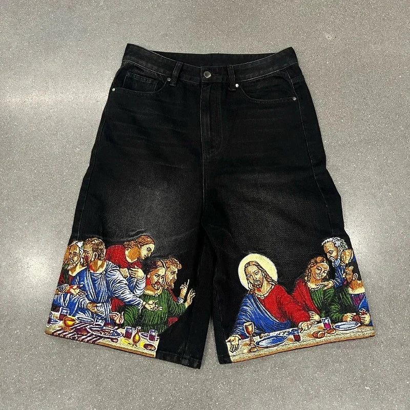 Y2K Gothic Punk Style Retro Graffiti Shorts Men Women Fresh Flower Design Pattern Street Hip Hop New Casual Loose Jeans