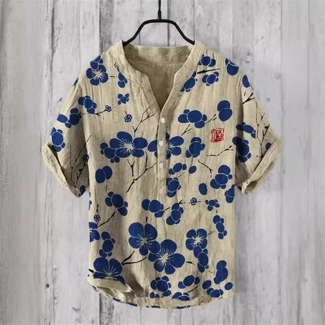 3D digital heat transfer animal landscape 3-button large size stand-up collar short-sleeved shirt