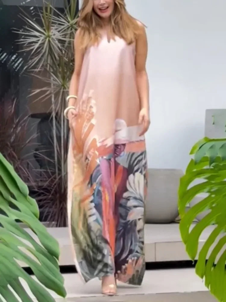 Bohemia Beach Maxi Dresses Women Sleeveless Loose Pockets