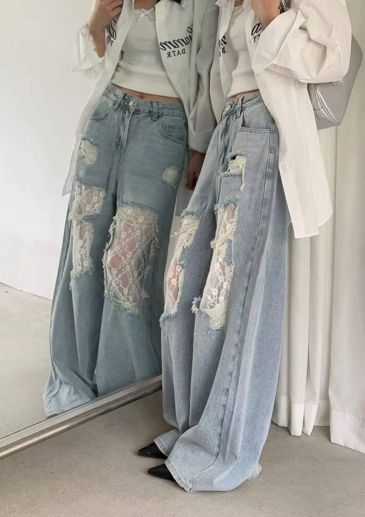 American Style Hottie Hole Lace Spliced Jeans for Women Y2k Fashion High Waist Loose Wide Leg Pants