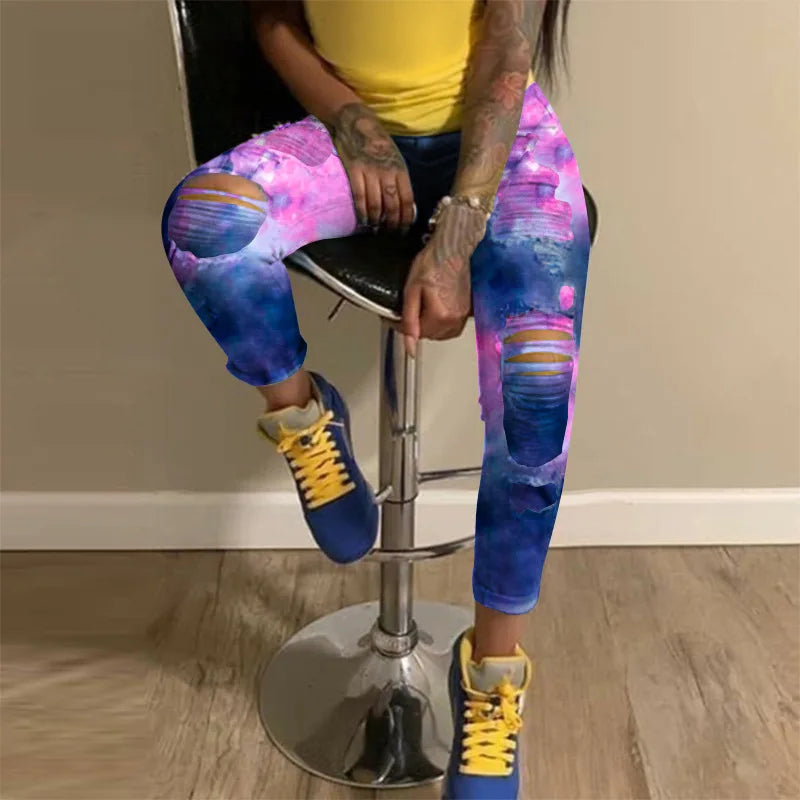 Ripped Jeans Yellow Scratch Denim Pencil Pants High Waisted Stretch Skinny Hollow Out