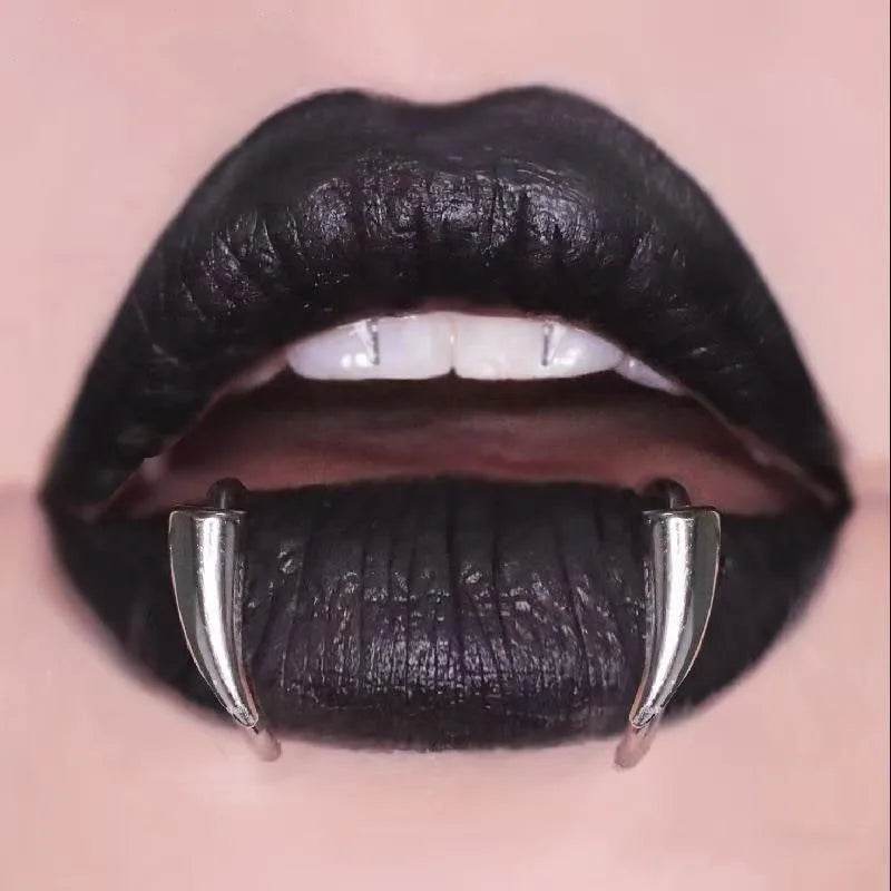 1pair Stainless Steel Sharp Teeth Fake Piercing Lip Ring Punk Exaggerated Jewelry for Women Gothic - Fashionqueene.com