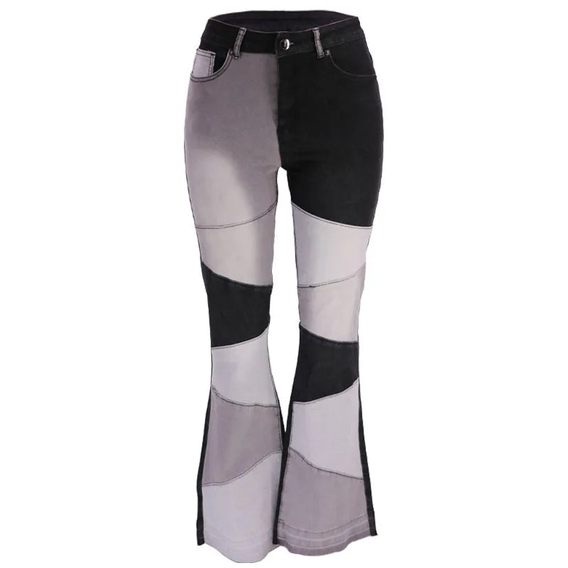 Women Flare Jeans Casual Pants Pannelled Collision High Waist Fit Female High Quality