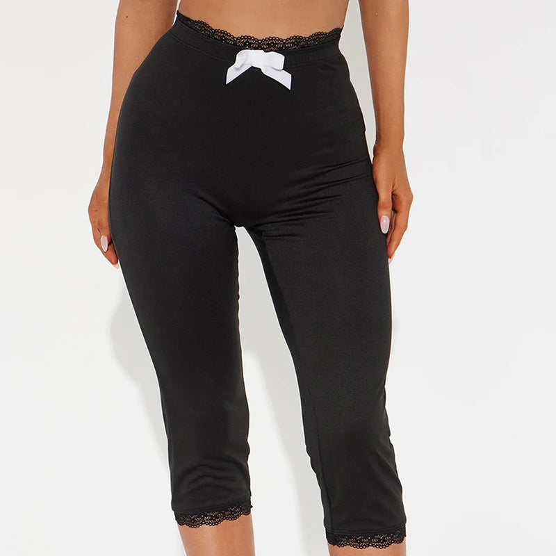 Lace Edge Bow Decoration Leopard Print Slim Seven Pants Summer