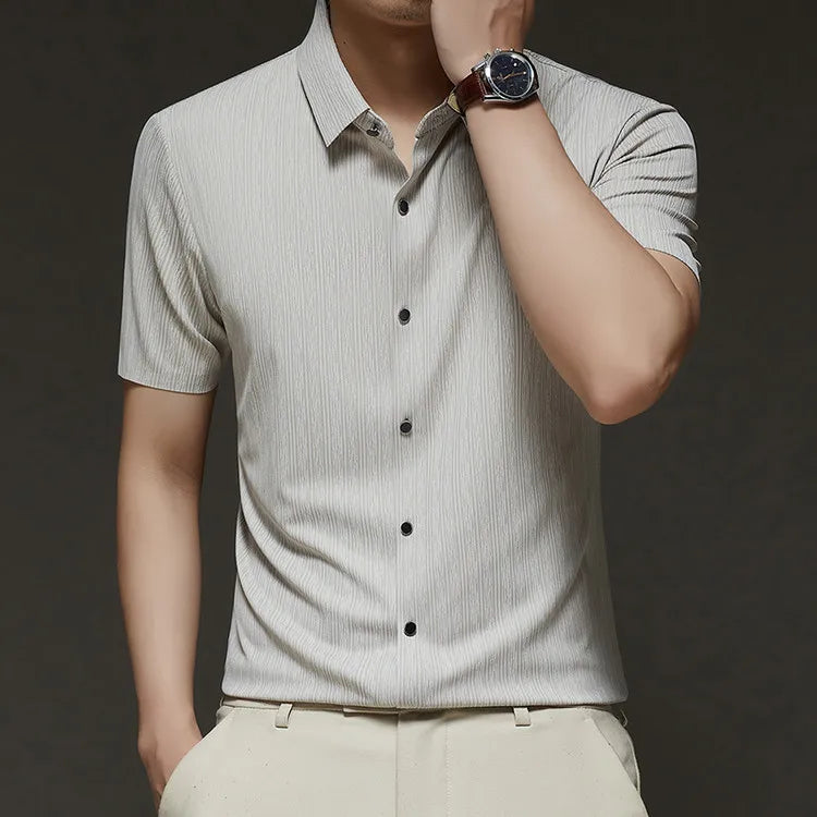 Men's Slim Fit Short Sleeve Dress Shirt Premium Spandex Stretch Fabric Solid Colors Business Casual