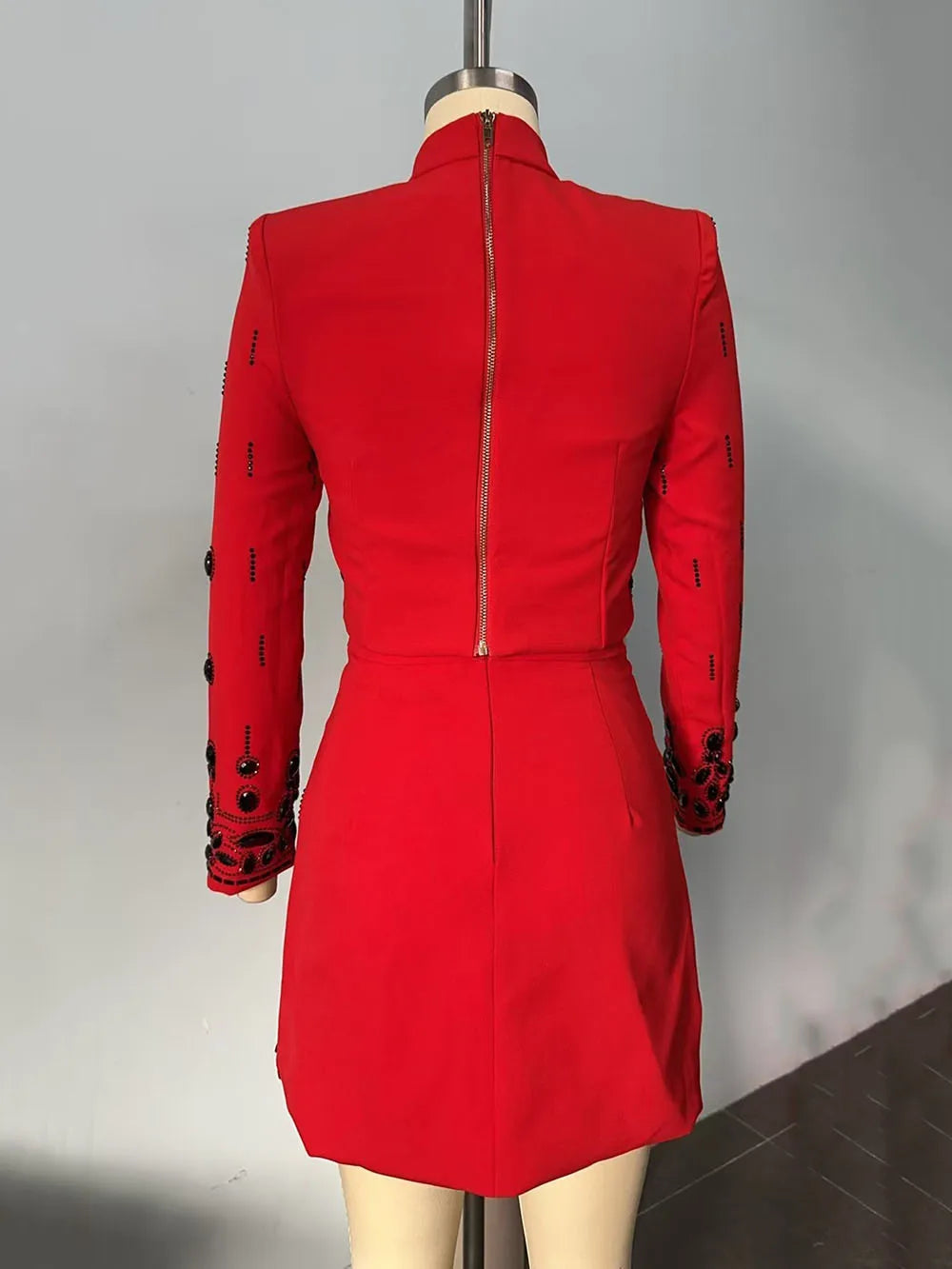 Long Sleeve Short Top and Mini Skirt Suit Outfit, Diamond Beaded Design,High Quality, 2 Pcs Set