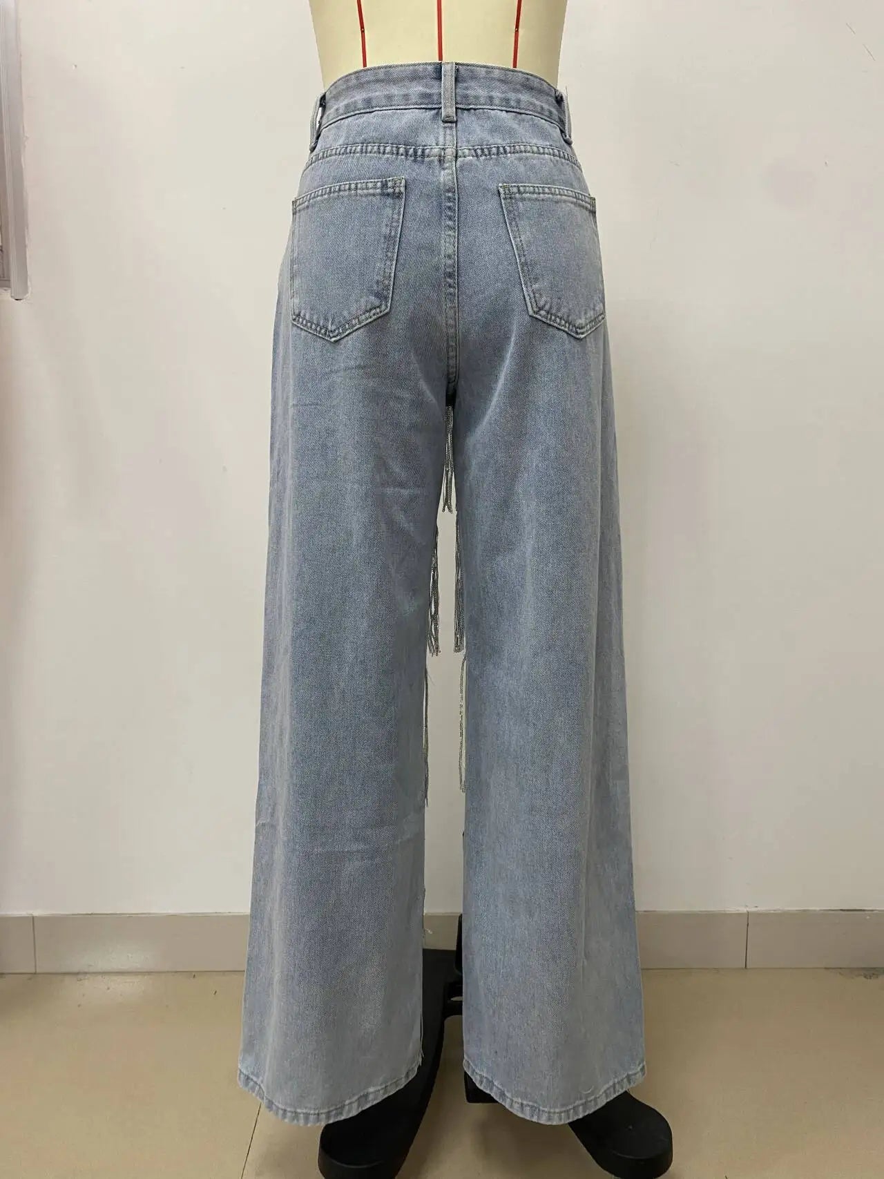 Women Sequins Tassel Wide Leg Blue Denim High Waist Jeans Trousers