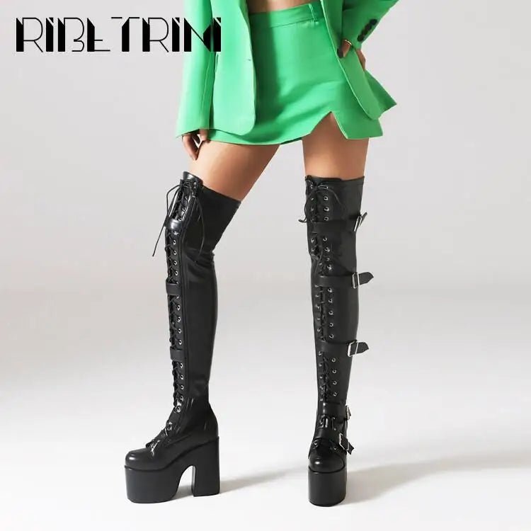 Goth Women Motorcycle Boots Block High Heels Platform Cool Street Boots
