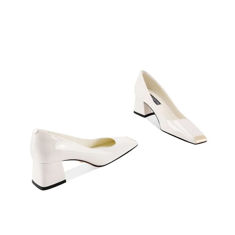 Ladies pumps chunky heels leather square head shallow mouth comfortable