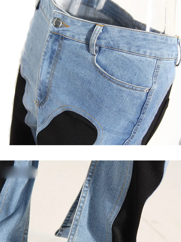 Color Block Women's Jeans Slim Panelled Patchwork High Waist Split Blue Long Denim Pants