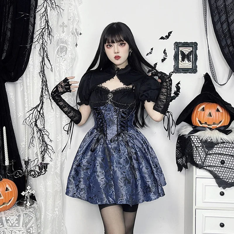 Vintage Gothic Smock Women Elegant Cute Lace Patchwork Puff Sleeve Crop Tops Aesthetic Fairy