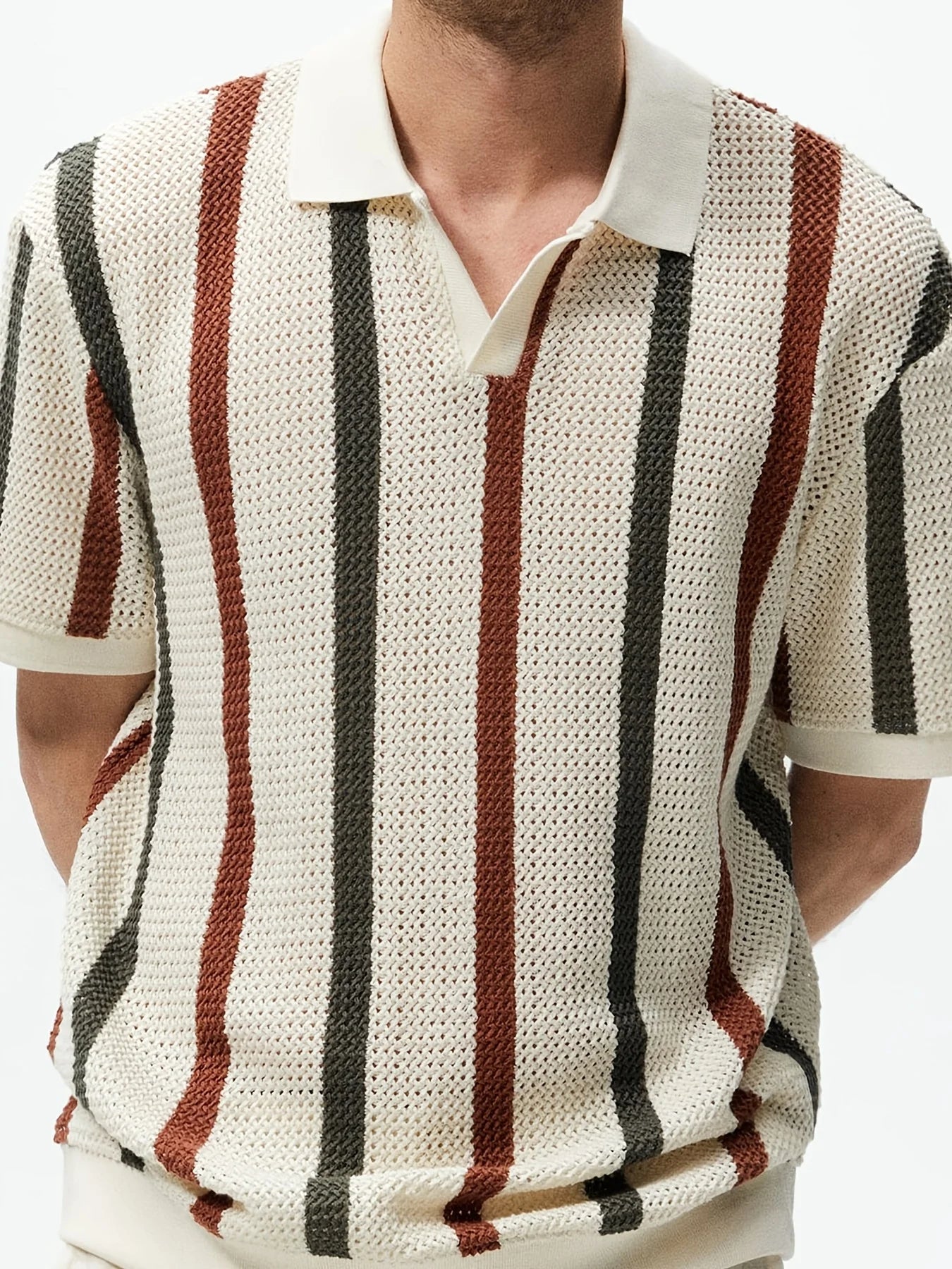 Chunky Knit Short-Sleeve Polo Shirt With Stripes And Contrast Colors, Casual Wear