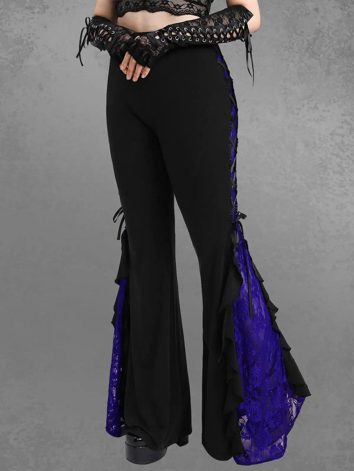 Gothic Lace Panel Lace-up Ruffle Flare Pants Elastic Waist Pull On Pant Colorblock Bell Bottom