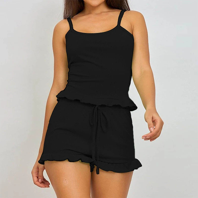 Two-Piece Solid Color Sleepwear Suspender Ribbed Knitted Pleated Vest Shorts Casual Women's Sleepwear Set
