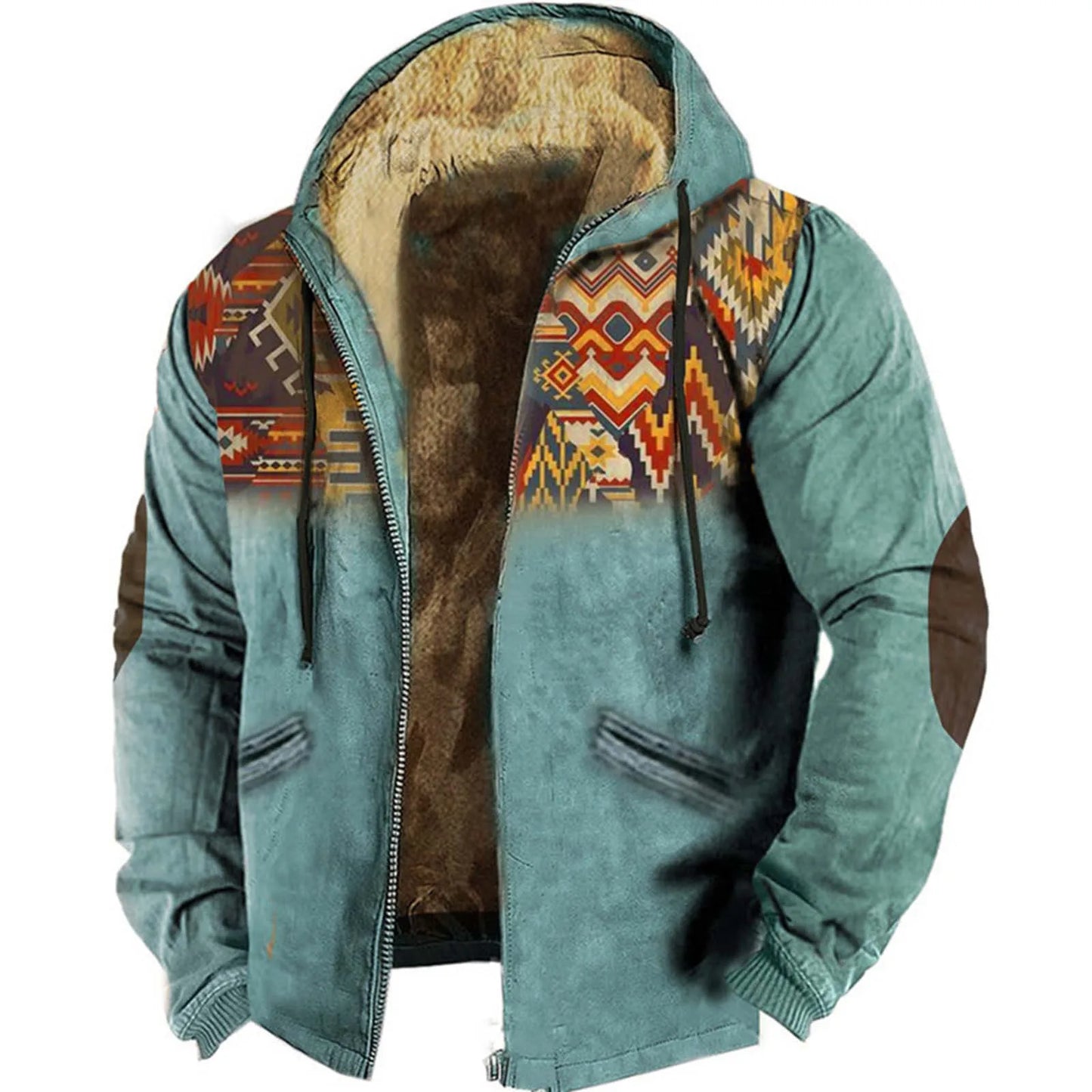 Men's Lamb Wool Jacket Fashion Retro Print Hooded Zipper Fleece Lined Hoodie Plush Bomber Jacket Green United States