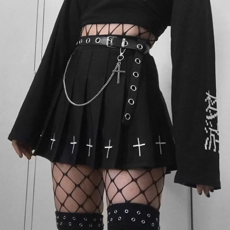 High Waist Pleated Skirt Elastic Waist Cross Embroidery black Pleated