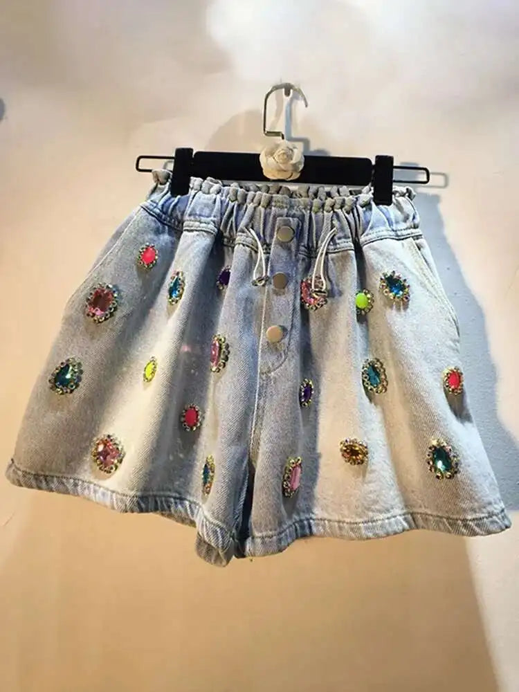 Women's Denim Shorts Colored Big Diamonds Drawstring Elastic Waist Wide Leg Short Pants