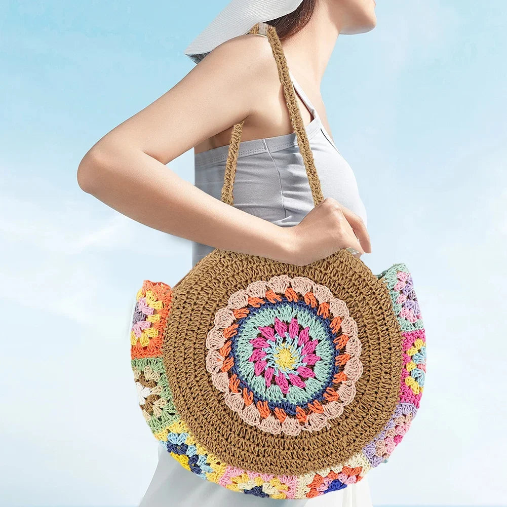 Woven Handbag Round Straw Woven Tote Bag Vacation Shoulder Bag Large Capacity