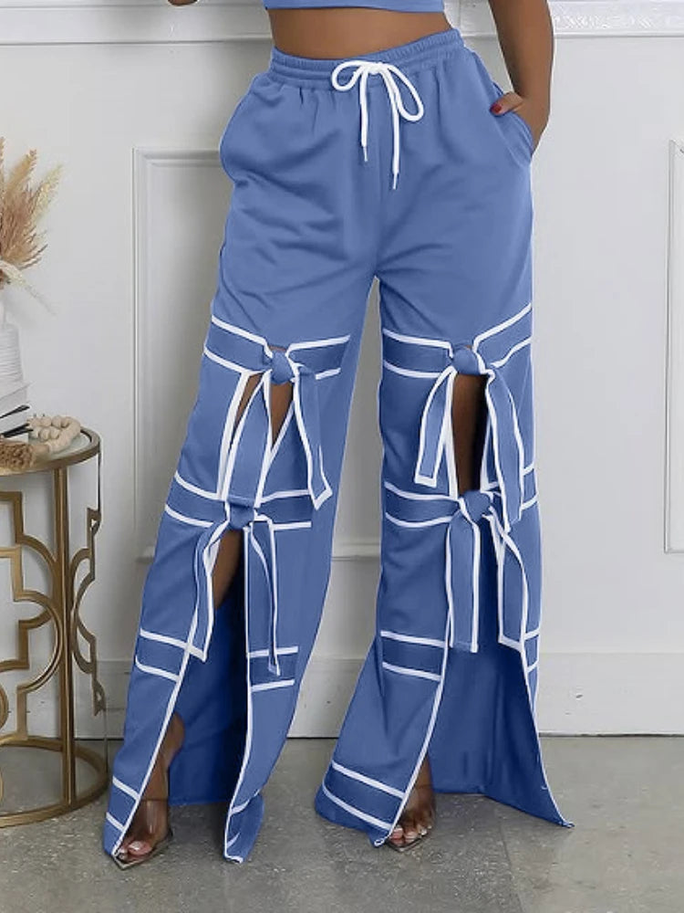 Striped Patchwork Bowknot Split Wide Leg Jogger Trousers