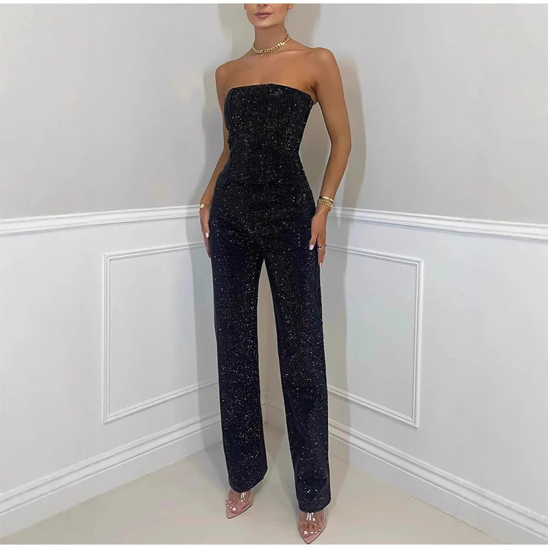Diamond Vest Jeans Set For Women Sleveless Tube Tops High Waist Pocket Denim