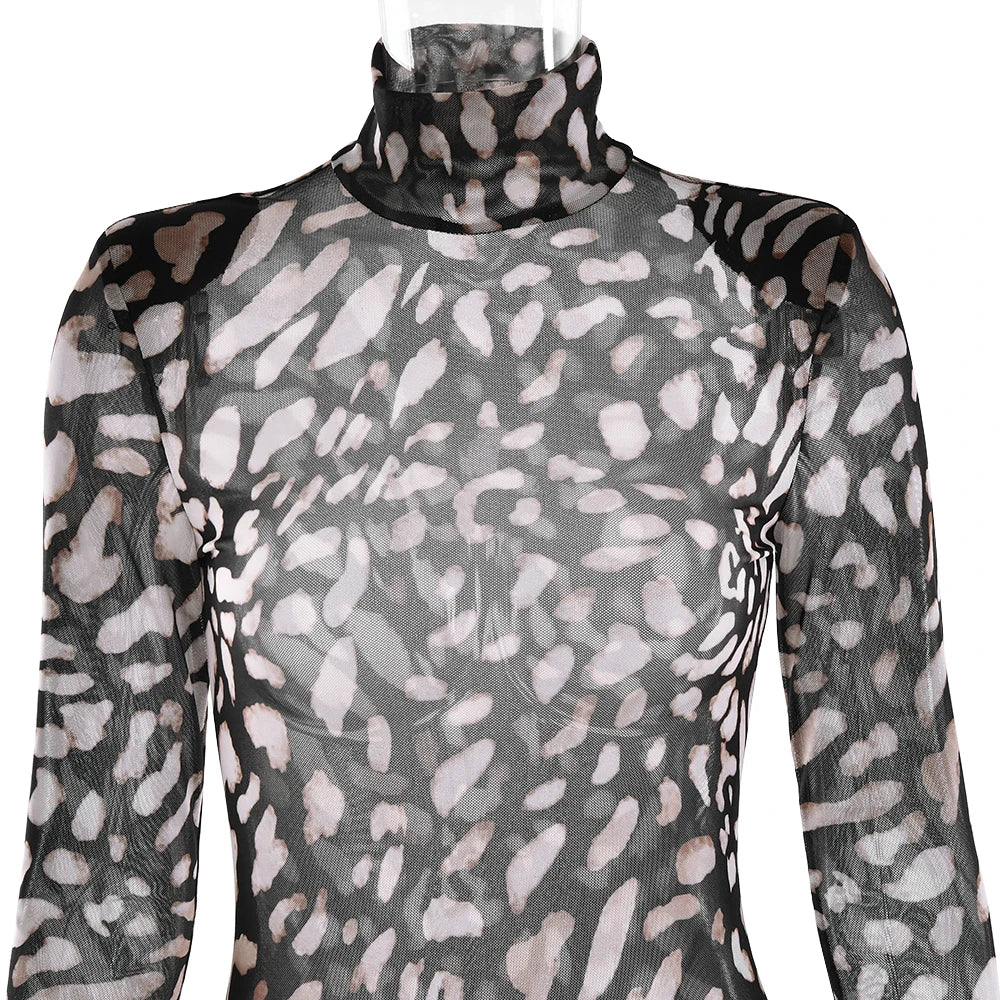 Fantoye Turtleneck Sheer Print Leopard Bandage Dress Long Sleeve Mini Slim Elegant Leopard / L Black / S Black / M Leopard / L-Black / S-Black / M-Leopard / S-Black / L-Leopard / M-