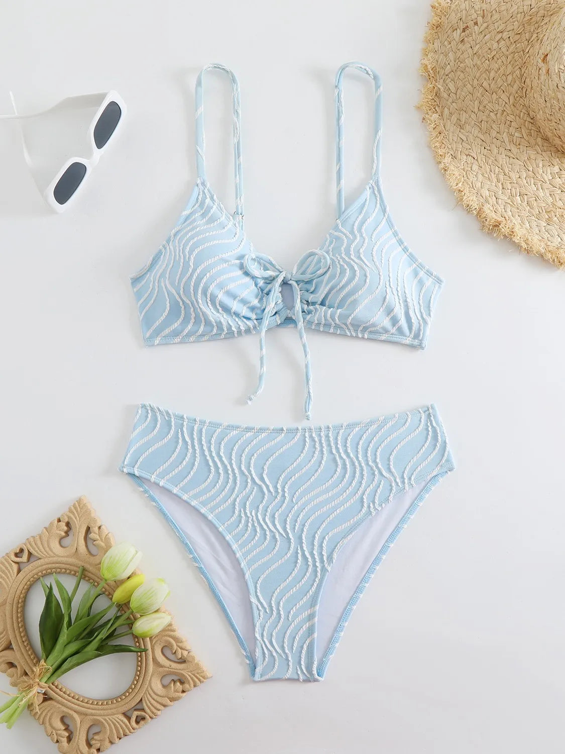 Bikini Set Stripe Print 2 Piece Drawstring Lace-up V Neck Suspender Backless