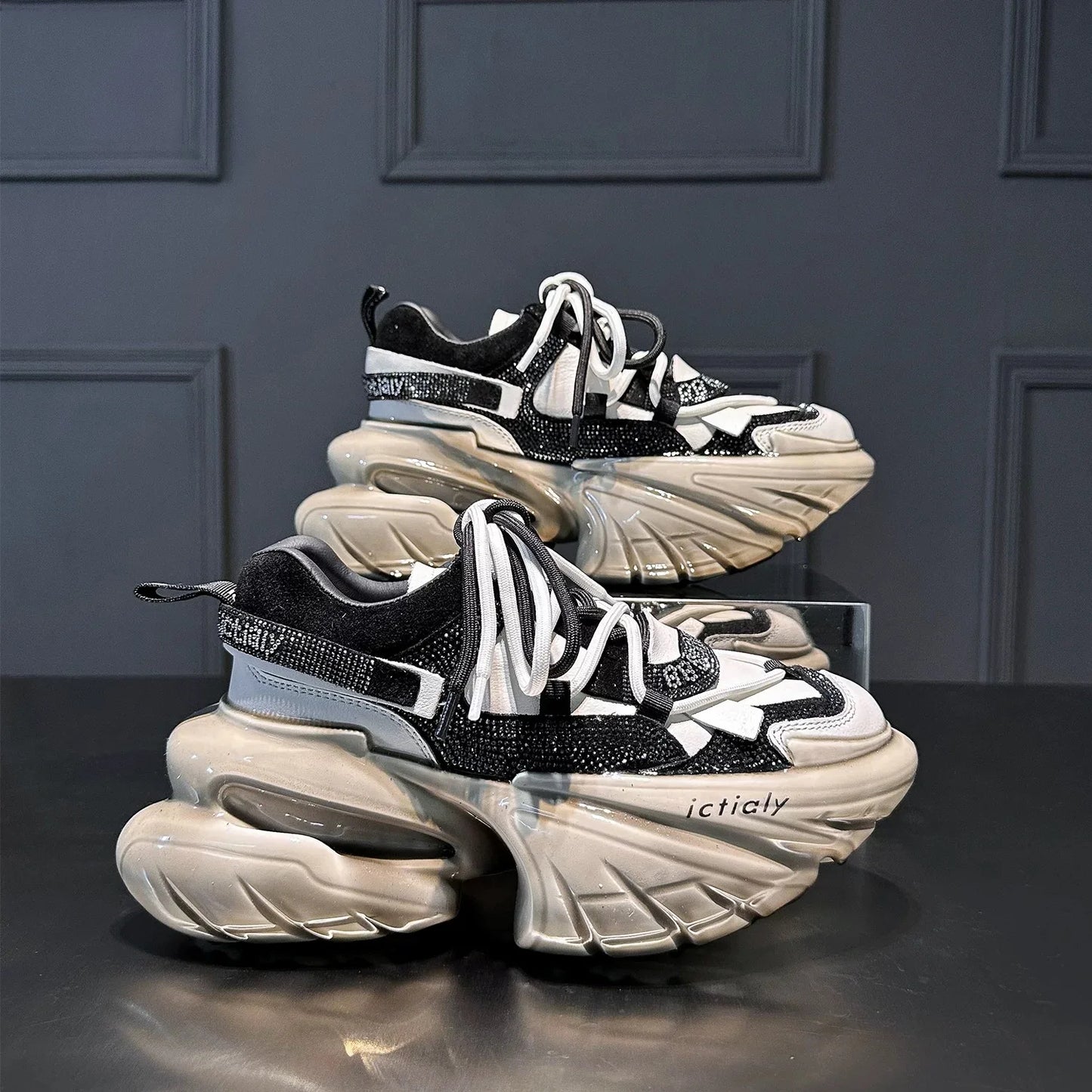 High Heels Platform Chunky Sneakers Unique Design Real Leather Trendy