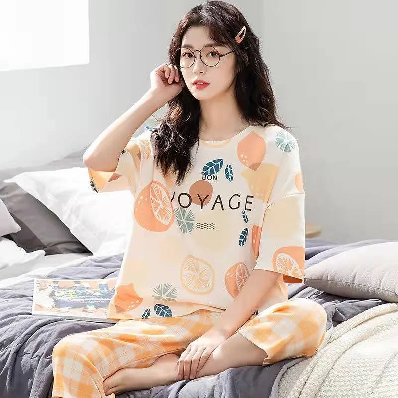 Half-Sleeve Seven-Quarter Trousers Student Nightwear Set Round Neck Cartoon Ladies Pajamas Loungewear