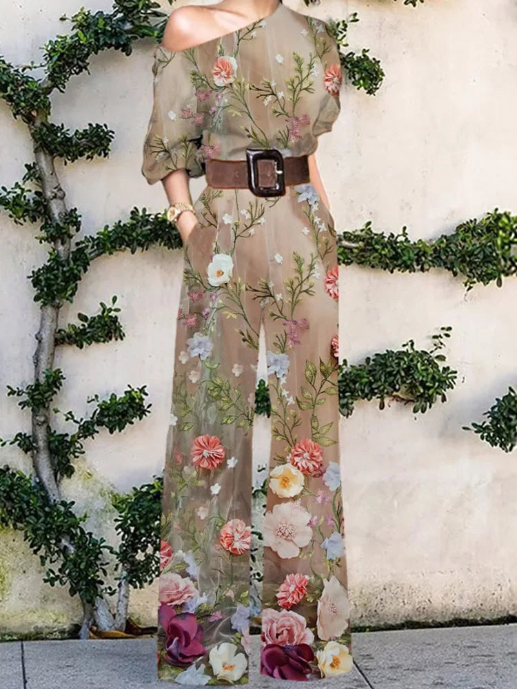 Elegant Pattern Print Party Jumpsuit Off Shoulder Wide Leg Pant Playsuit
