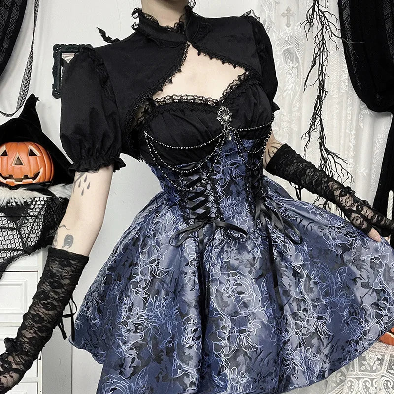 Vintage Gothic Smock Women Elegant Cute Lace Patchwork Puff Sleeve Crop Tops Aesthetic Fairy