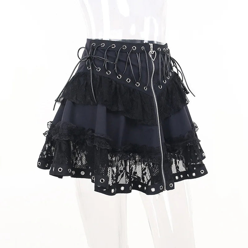 Women's Punk Vintage High Wasit Skirt Zipper Front Black Gothic Cosplay Mini Skirts