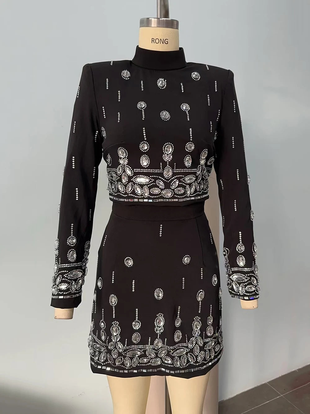 Long Sleeve Short Top and Mini Skirt Suit Outfit, Diamond Beaded Design,High Quality, 2 Pcs Set
