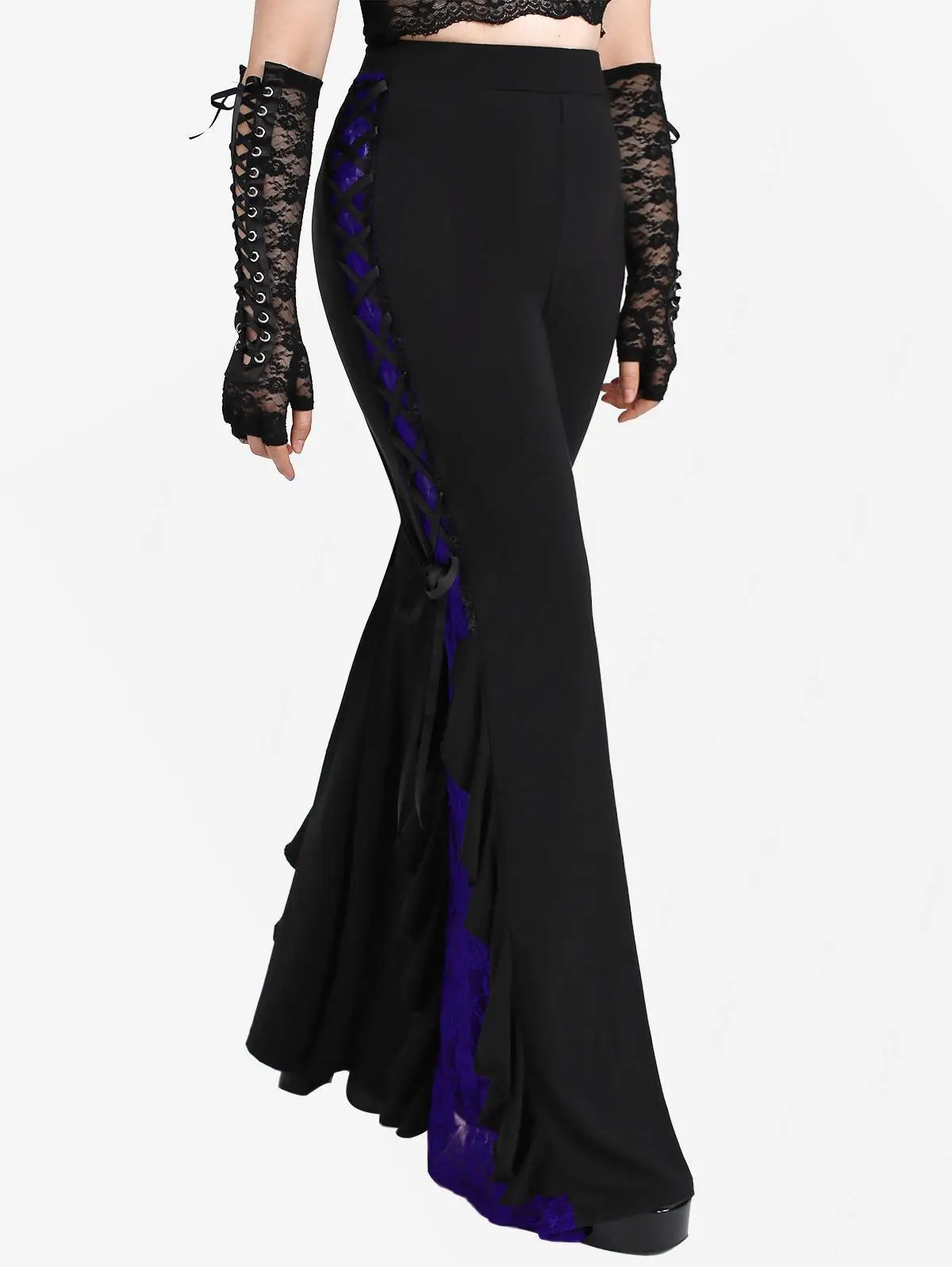 Gothic Lace Panel Lace-up Ruffle Flare Pants Elastic Waist Pull On Pant Colorblock Bell Bottom