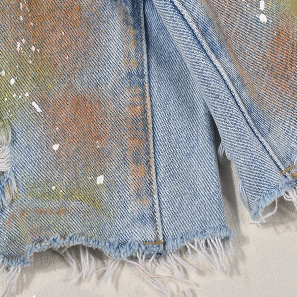 Hole Print Pants Casual High Waist Button Straight Jeans Summer Female