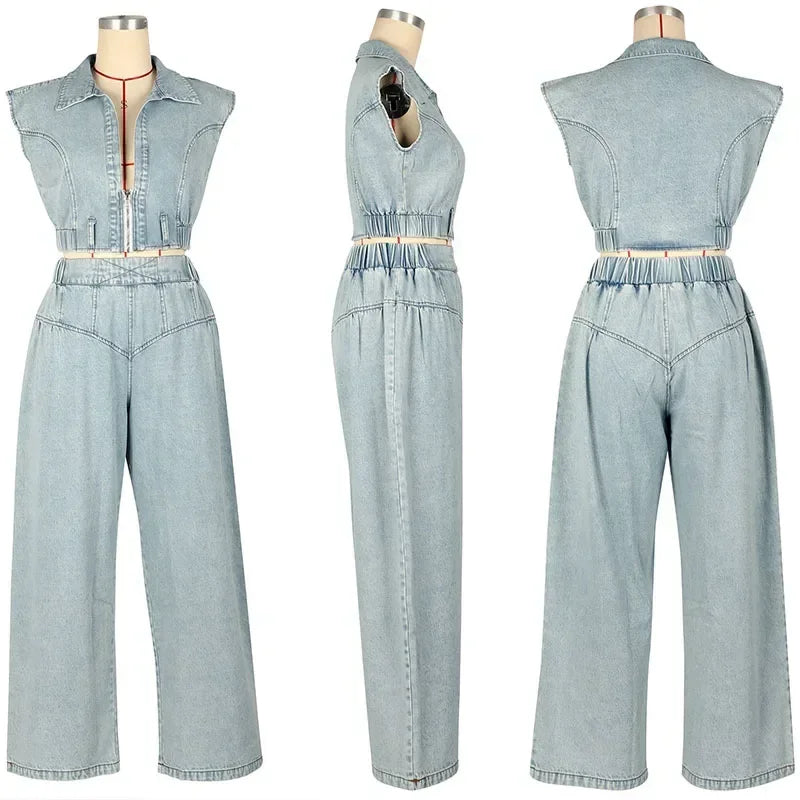 Denim Sets Women 2 Piece Outfit 2025 Jeans Zipper Turn-down Collar Cropped Top and Loose Wide Leg Pants
