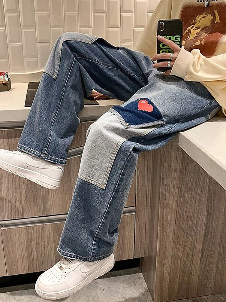 Wide Leg Baggy Cargo Jeans Pants Men Heart Oversize Straight Casual Denim Long Trousers Streetwear