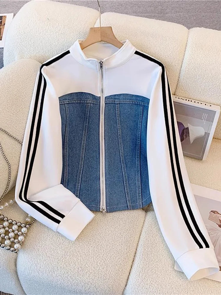 Women Preppy Style Patchwork Contrast Denim Sets Stand Collar Elastic Jeans 2 Piece Suit Streetwear Comfort