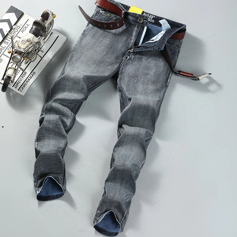 Men Classic Jeans Straight Regular Blue Stretch Denim Trousers Men's
