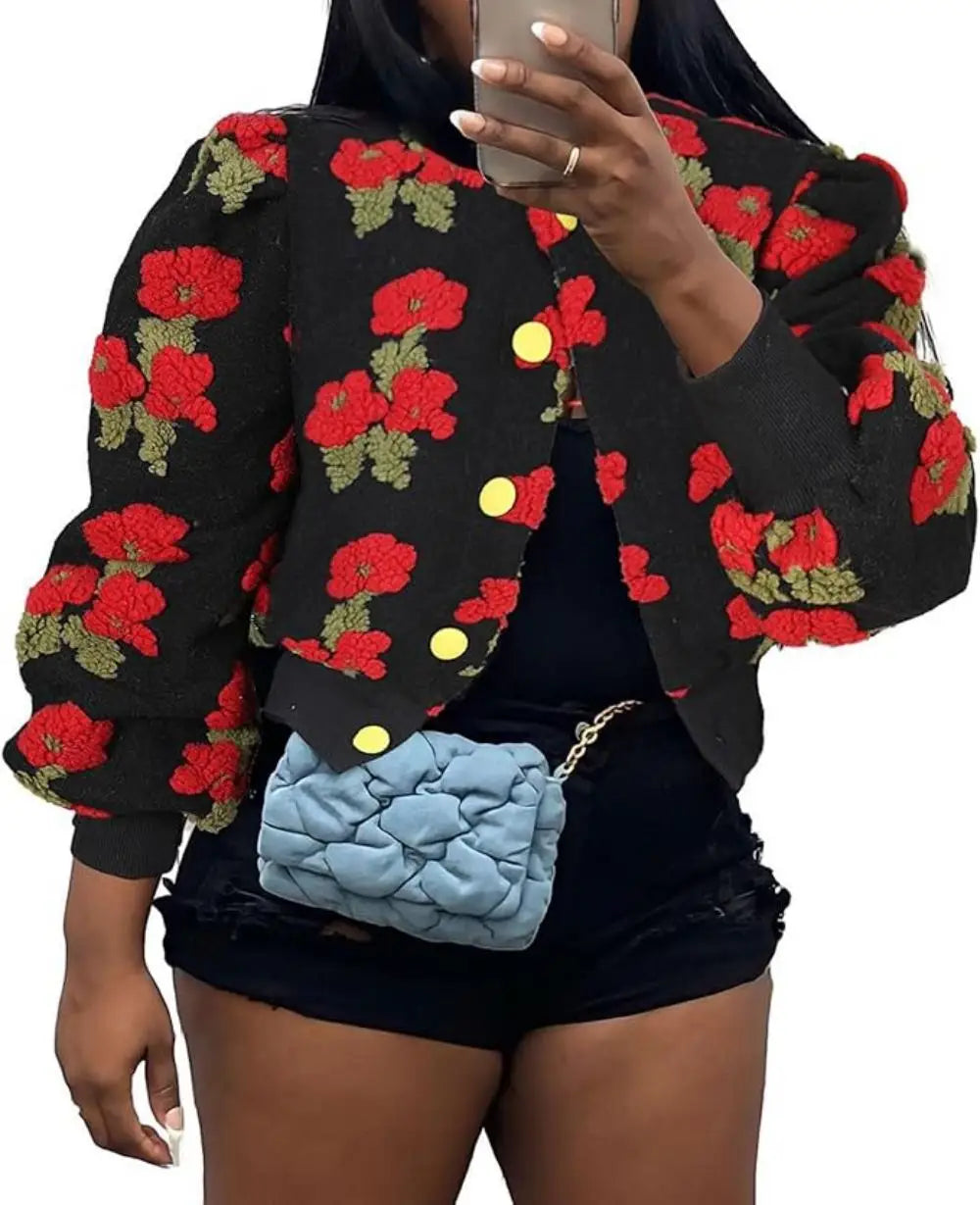 Wool Coats for Women Floral Puff Sleeve Embroidered Printing Short Fall Winter Jacket