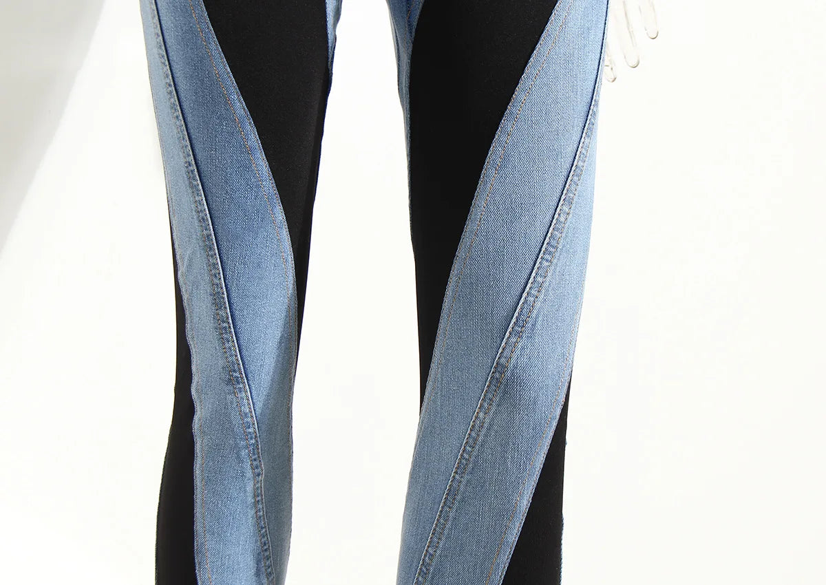 Color Block Women's Jeans Slim Panelled Patchwork High Waist Split Blue Long Denim Pants