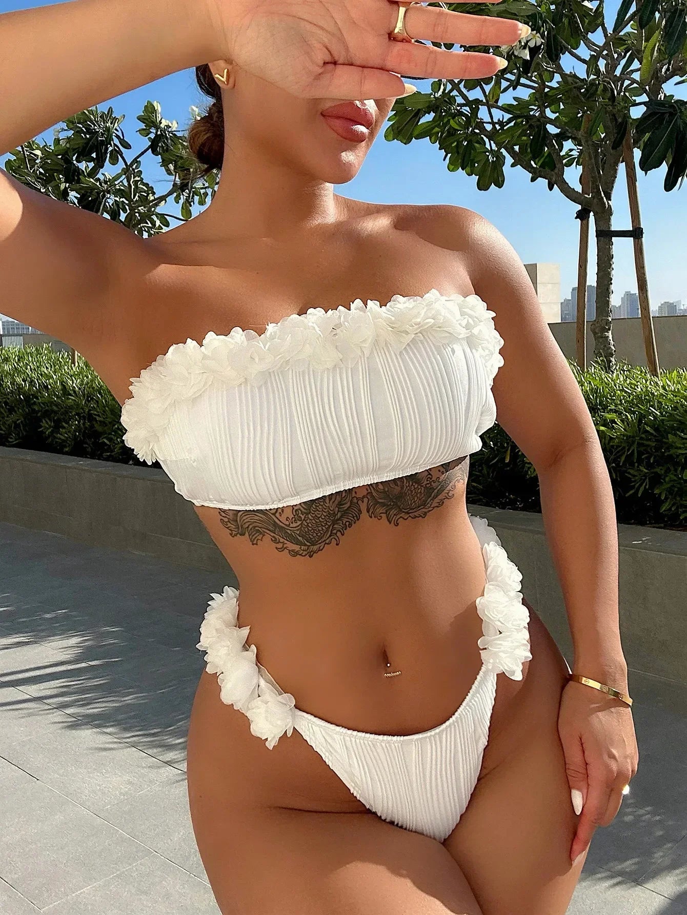 Lace Ruffle Strapless Backless Bikini Set White High Waist Swimwear