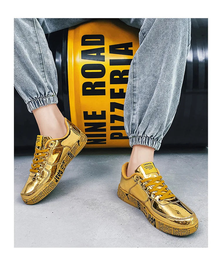 Brand Fashion Mirror Luxury Shoes for Men Women Glitter Leather Shoes Casual Men Golden
