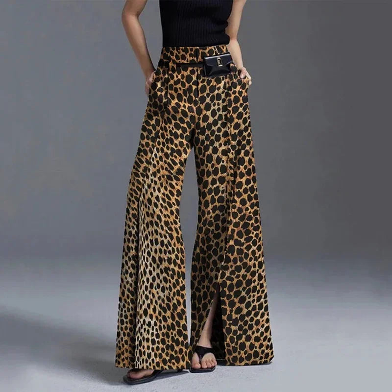 Women High Street Leopard Printed Pants Casual Loose Split-Front High-Waist Wide Leg Leopard