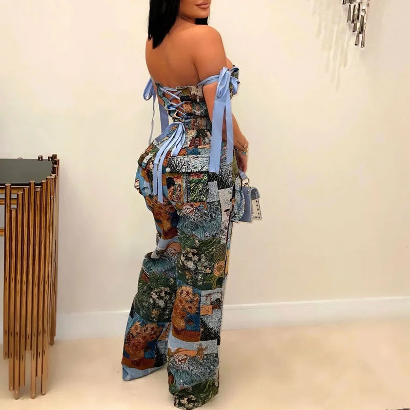 2 Piece Set Print Lace Up Strapless Tops + Wide Leg Pants Club Party Two Piece Outfits