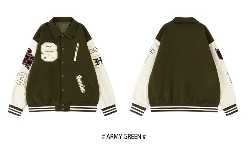 Mens Vintage Turn-down Collar Bomber Jacket Loose Letter Embroidery Coat Motorcycle Jacket