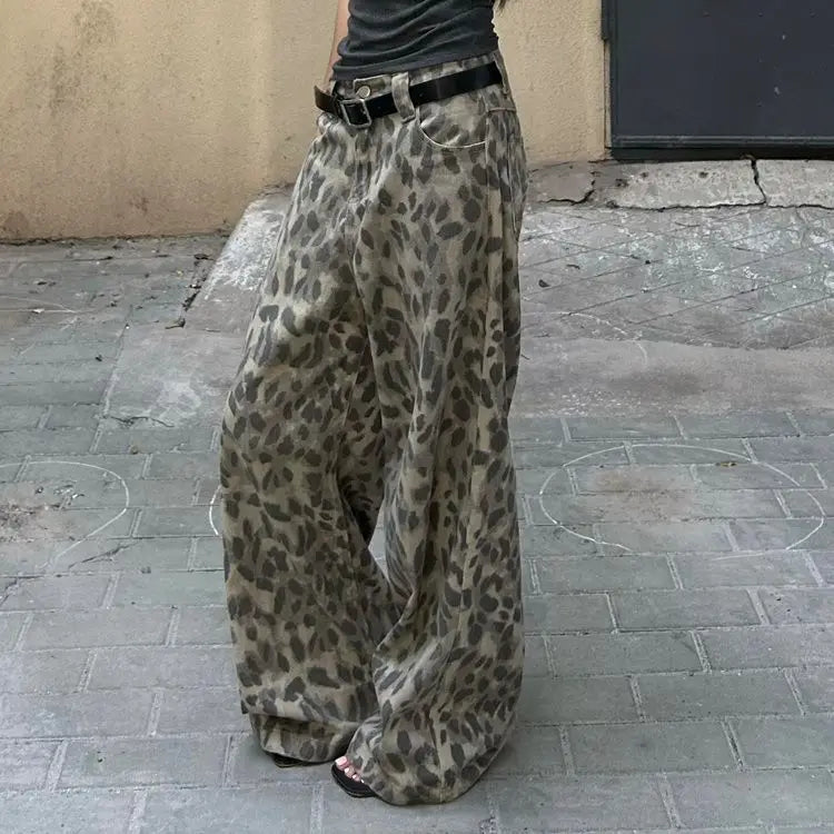 American Vintage Washed Leopard Print Wide Leg Jeans Baggy Jeans Hip Hop Hot Girls Y2k Trousers