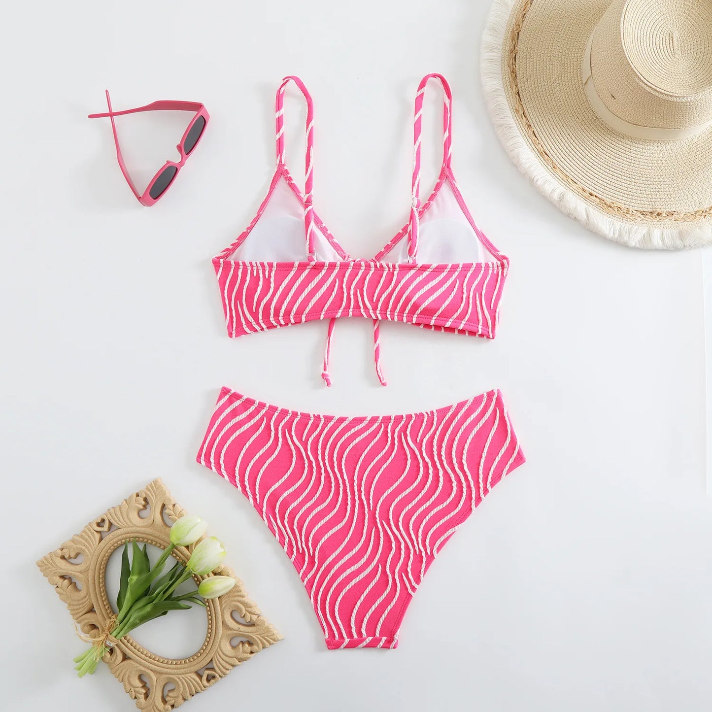 Bikini Set Stripe Print 2 Piece Drawstring Lace-up V Neck Suspender Backless