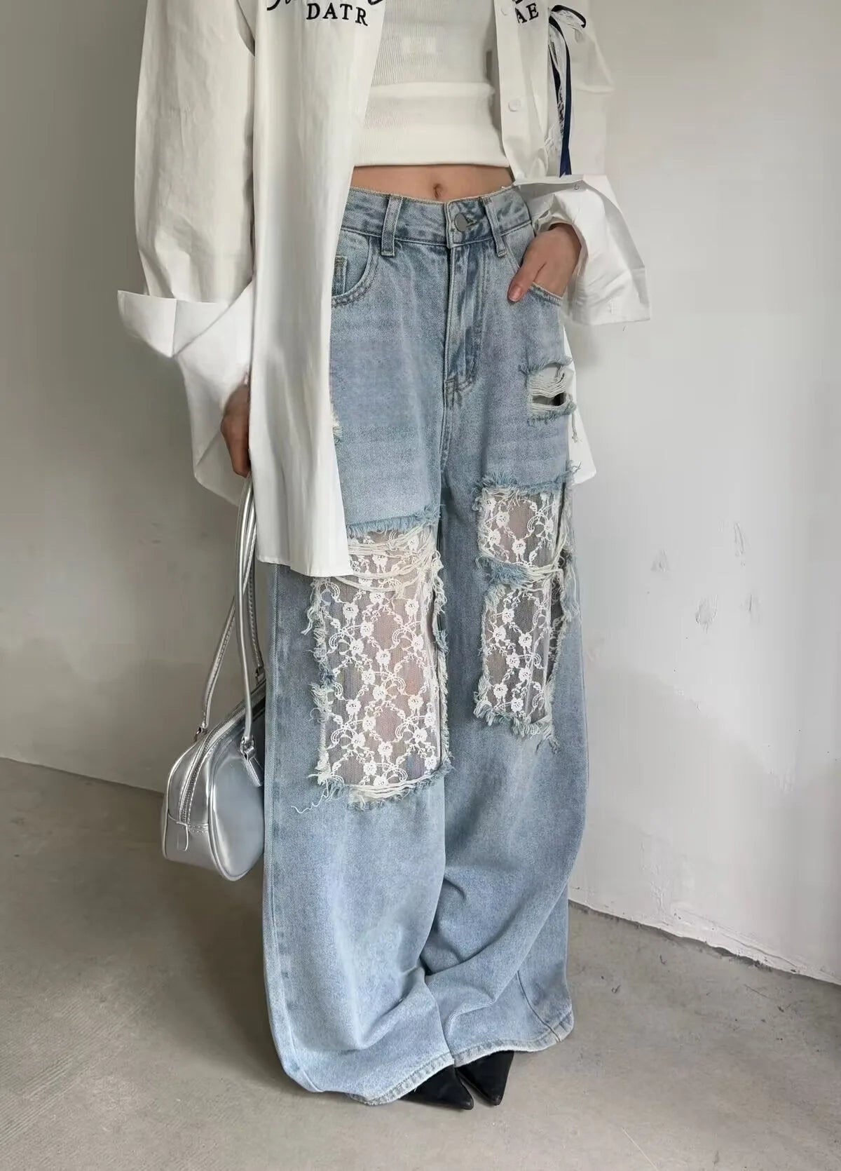 American Style Hottie Hole Lace Spliced Jeans for Women Y2k Fashion High Waist Loose Wide Leg Pants