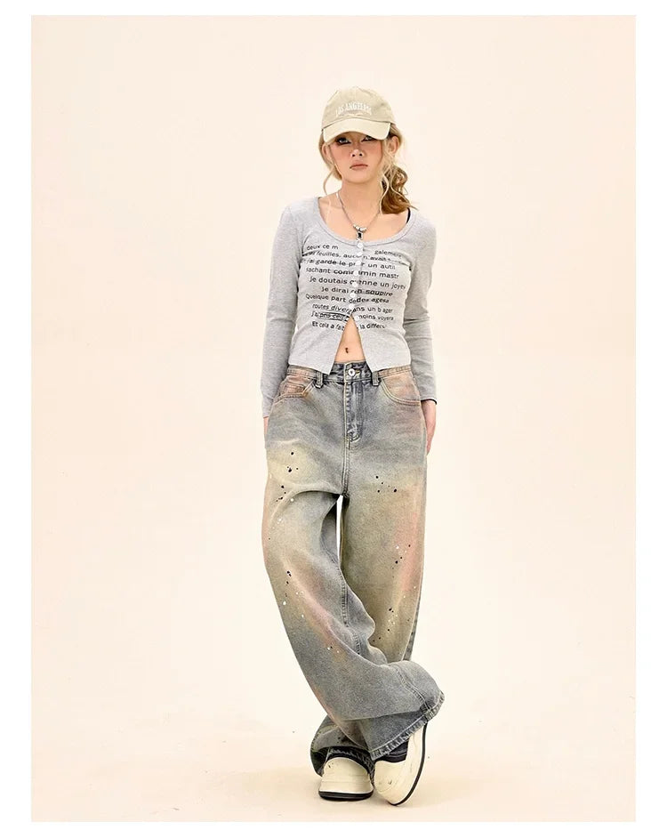 American Fashion Tie-Dye Graffiti Straight Leg Wide Jeans Straight Leg Loose Jeans Hip-hop Street Baggy Jeans