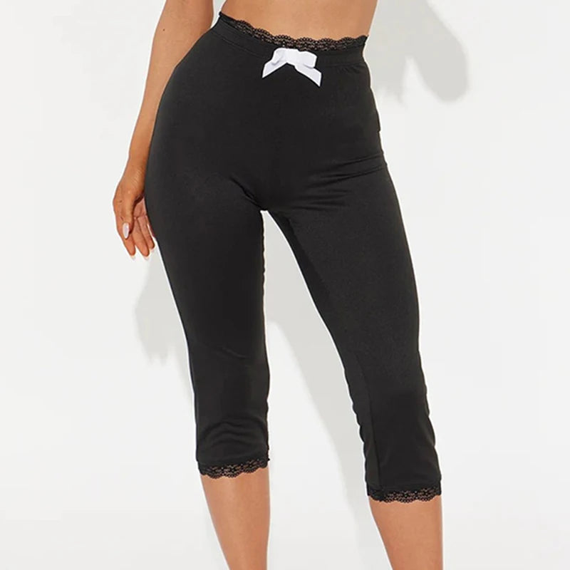 Lace Edge Bow Decoration Leopard Print Slim Seven Pants Summer